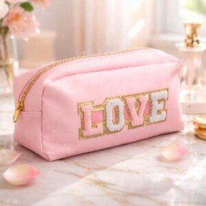 Pink LOVE Embellished Cosmetic Toiletry Makeup Bag | Perfect Size | NWT ! Sassy